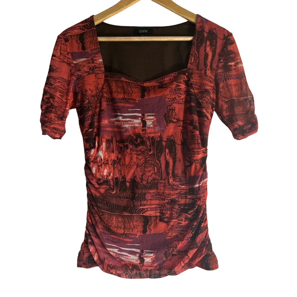 GNW Women’s Size Medium Y2K‎ Square Neck Mesh Artzy Print Blouse Top